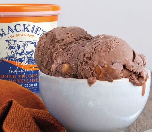 Scoops of sweet citrus Mackie's chocolate orange ice cream