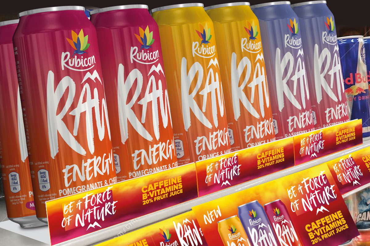 Raw energy cans on shelf