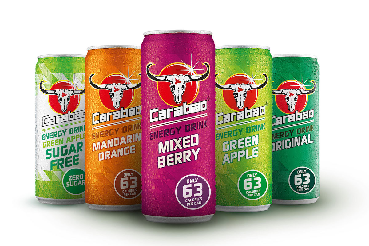 Carabao drinks range in different coloured cans