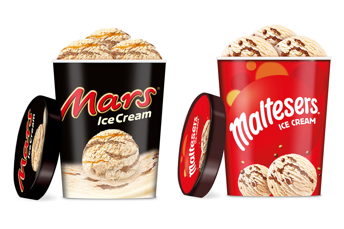 Mars and Malteser ice cream tubs