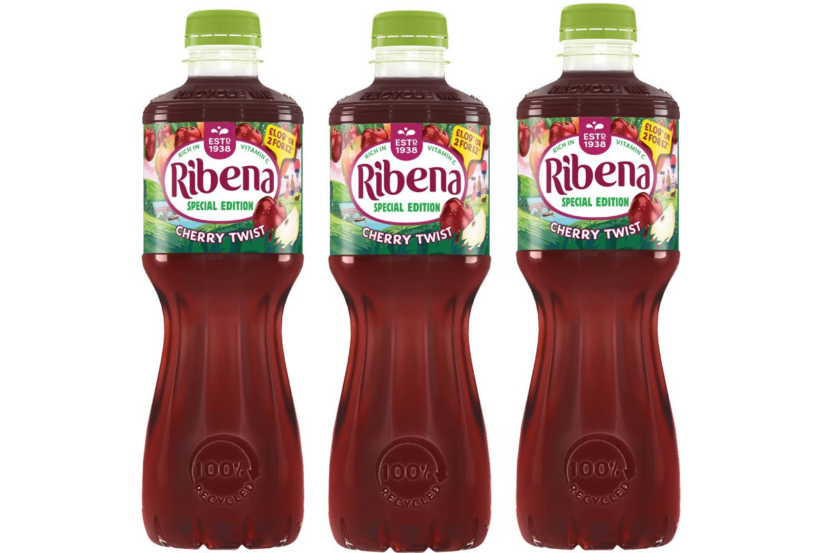 3 bottles of ribena cherry twist against a white background. 