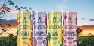 4 cans of Radnor's flavoured water in a variety of colours and flavours.