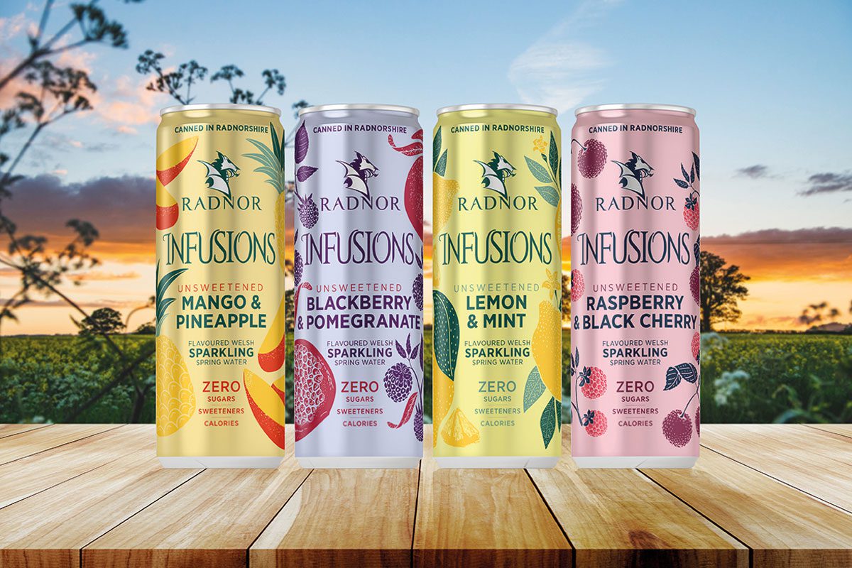4 cans of Radnor's flavoured water in a variety of colours and flavours. 