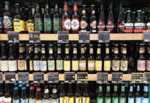 alcohol bottles on shelves