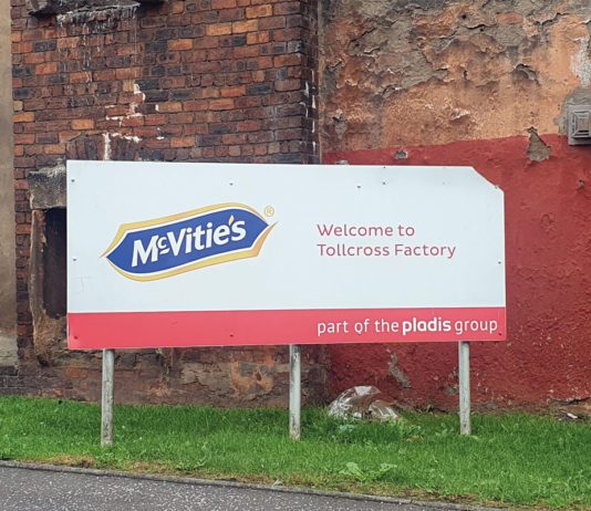 End of an era in Glasgow Signpost signifying McVities Tollcross Factory