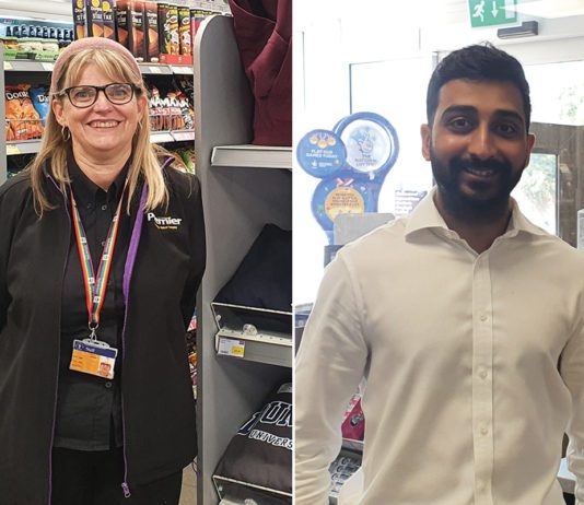 Don’t let St Pat’s day pass you by Moira Dean of Premier @ DUSA, Dundee, and Anand Cheema of Costcutter Falkirk.