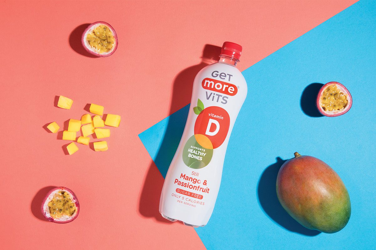 Get More Vits’ Vitamin D Mango & Passionfruit drink contains 10ug of vitamin D.