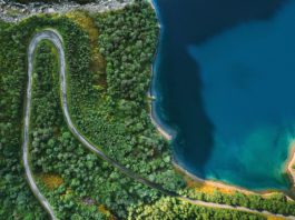 Climate excellence birds eye view of water and forrest