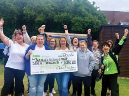Six figures for charity Burnhill Action Group receiving a giant cheque from the Asda Foundation