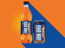 Xtra investment in Bru Irn bru xtra bottle and can on an orange and blue background