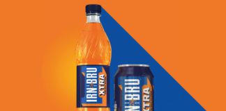 Irn bru xtra bottle and can on an orange and blue background