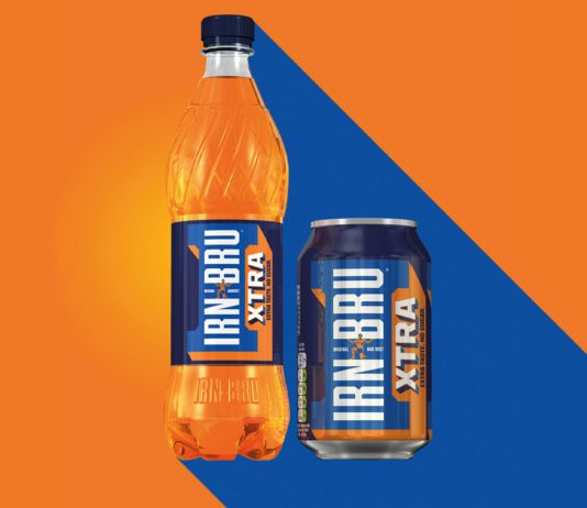 Xtra investment in Bru Irn bru xtra bottle and can on an orange and blue background