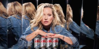 Kate Moss posing with signed cans of diet coke