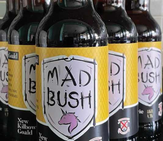 A Clydebank brew Bottles of Mad Bush lager showing label with clydebank fc logo