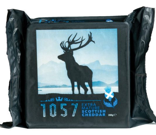 Maturing in the market Packaging of 1057 scottish cheddar cheese with stag illustration