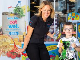 Healthy Living Programme tours Spar stores a woman holding a tennis racquet and a young boy holding a banana outside a Spar shop