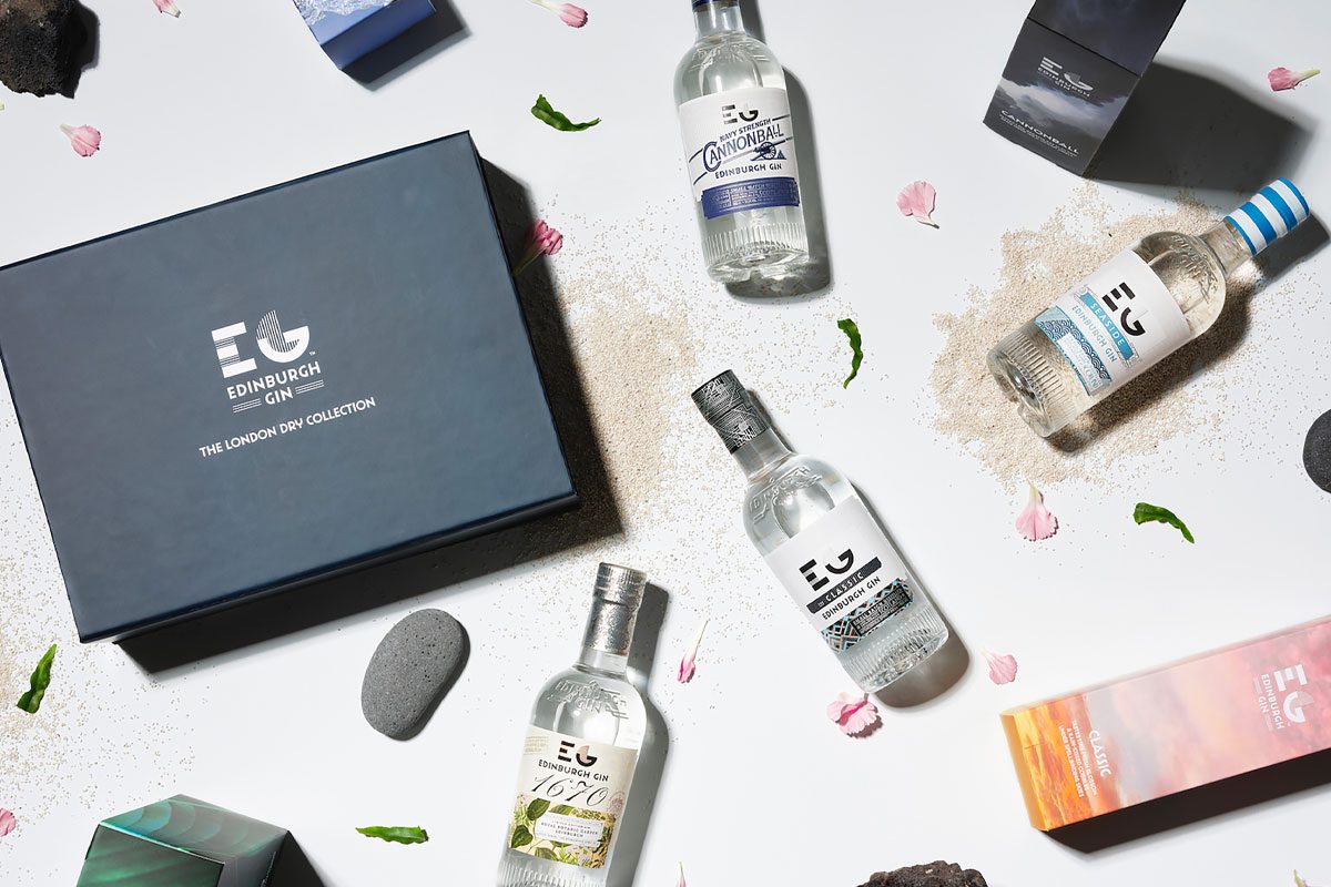Photograph of an edinburgh gin gift set with various flavours of gin 