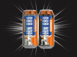 Irn-Bru Energy free stock Two irn bru energy drink cans on a black background