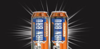Two irn bru energy drink cans on a black background