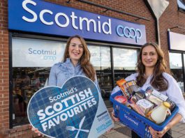 Scotmid seeks top products Two woman hold scottish products outside of Scotmid Coop