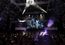 Photograph shows the inside of a nightclub with a disco ball on the roof