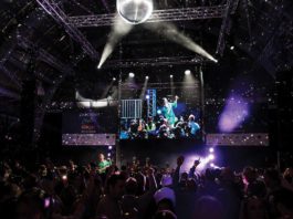 Striking the right chords Photograph shows the inside of a nightclub with a disco ball on the roof