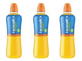 Binning plastic packaging at a rapid rate three bottles of orange flavour lucozade sport