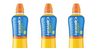 three bottles of orange flavour lucozade sport