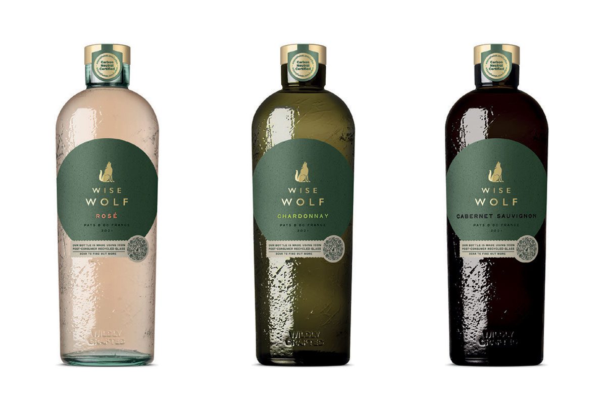 three bottles of Wise Wolf wine in rose, white and red