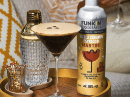 New Funkin cocktail best served in the cold an espresso martini next to a cocktail shaker and bottle of funkin cocktail mix