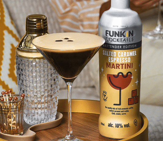 New Funkin cocktail best served in the cold an espresso martini next to a cocktail shaker and bottle of funkin cocktail mix