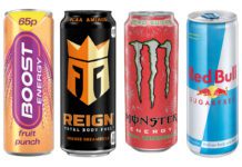 cans of low sugar energy drinks including boost monster and red bull