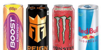 cans of low sugar energy drinks including boost monster and red bull