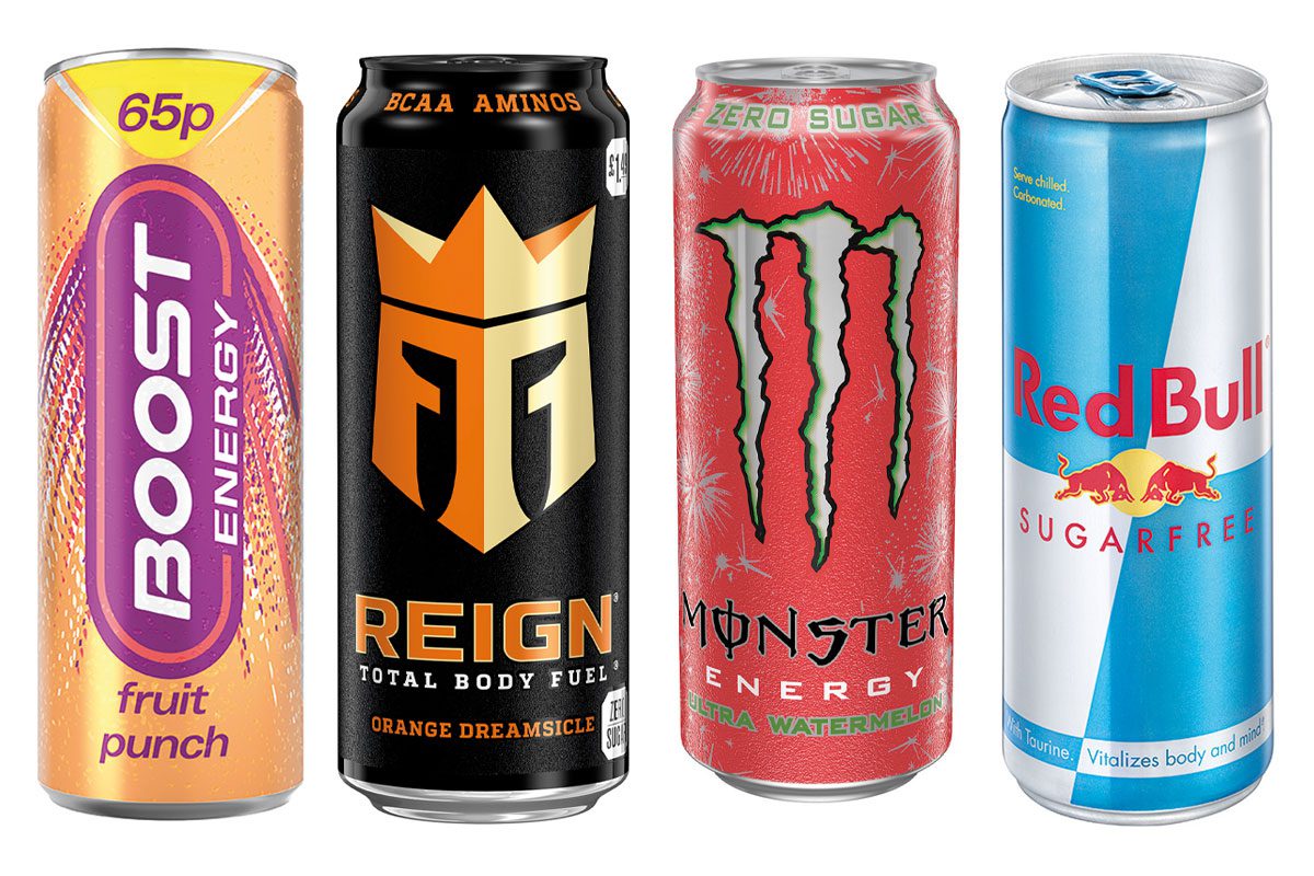 cans of low sugar energy drinks including boost monster and red bull 