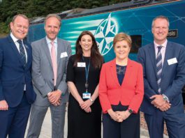 Sustainability on rails at Highland Spring’s Freight Facility first minister nicola sturgeon stands with highland spring executives