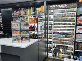 Vape consumers switching to disposable pod systems photograph of a vape retailer shop display