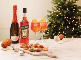 Spritz up wine this season A bottle of aperol spritz and prosecco next to two aperol spritz cocktails and canopes