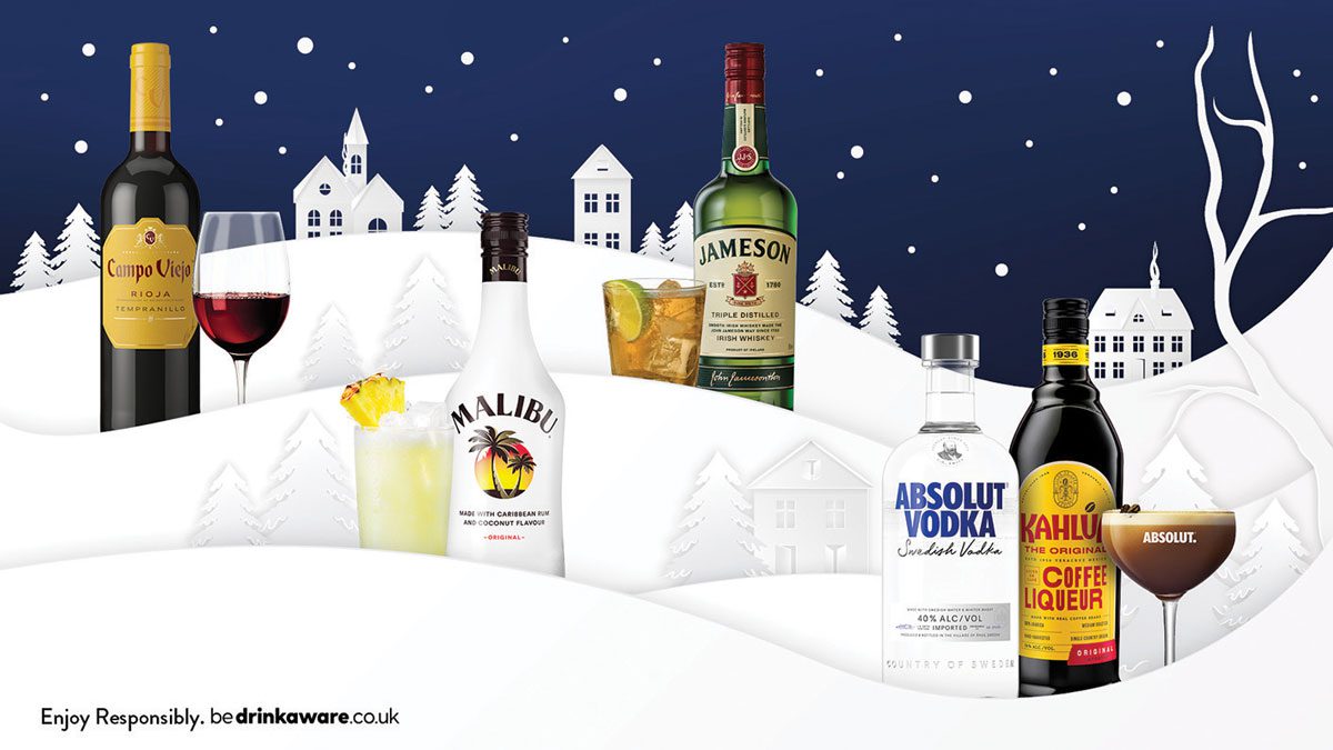 A selection of Pernod Ricard drinks in a winter snowscene