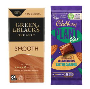 a bar of green and blacks chocolate and vegan cadbury chocolate