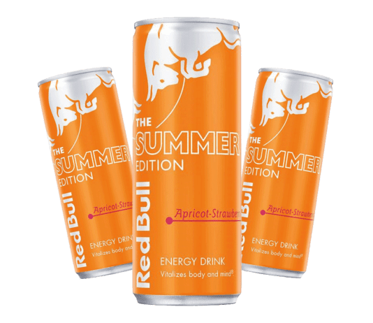 A taste for energy with Red Bull Editions Image shows cans of apricot and strawberry flavour Red Bull energy drink