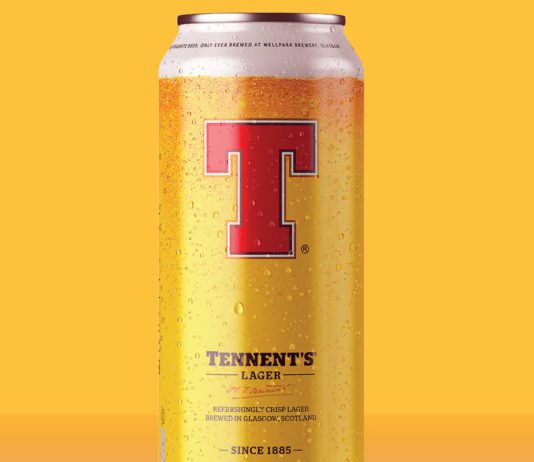 Scotland’s No.1 Alcohol Brand: Tennent’s a can of tennent's lager of a yellow background
