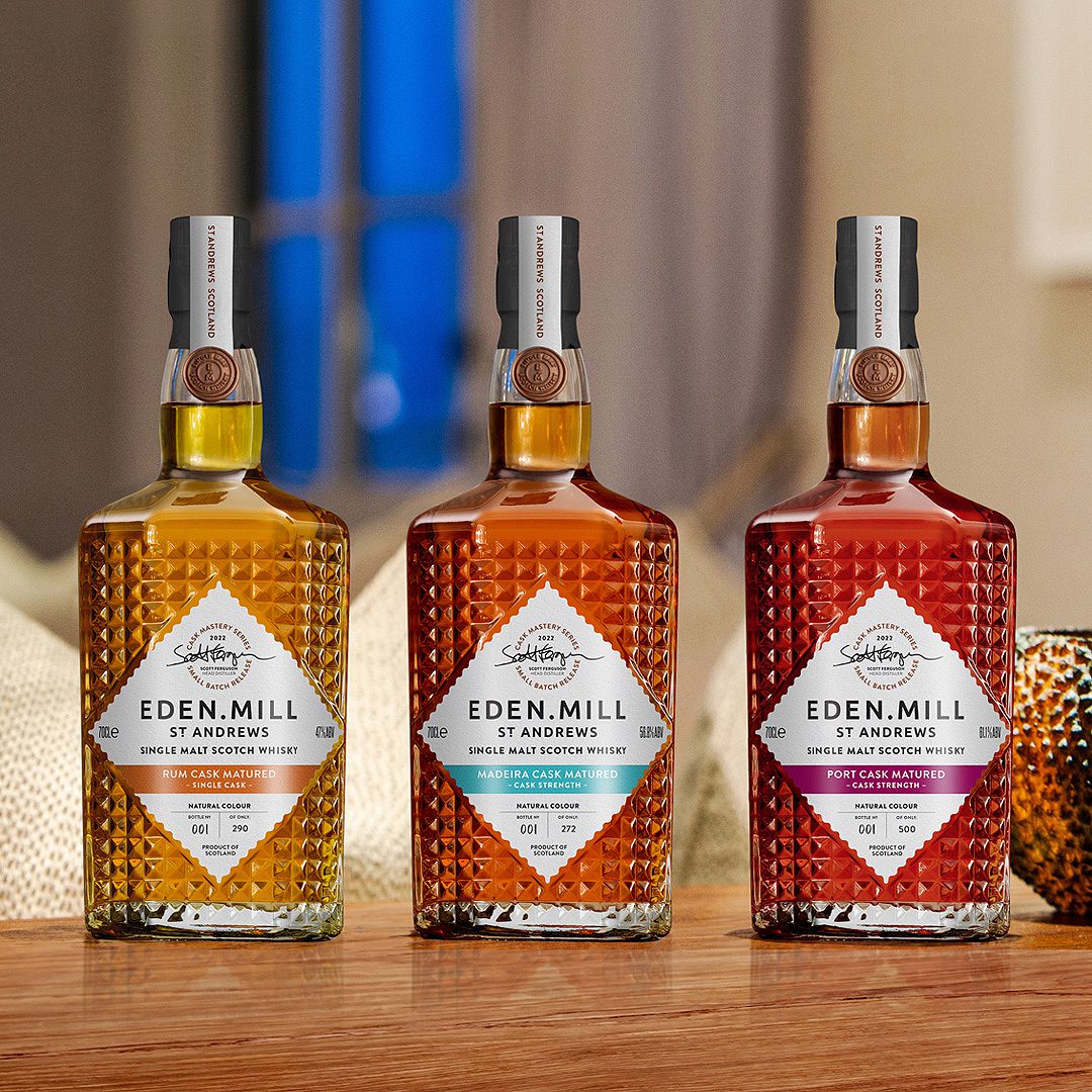 Three new limited edition Eden Mill whiskies – the Cask Mastery Collection including Rum Cask Matured, Madeira Cask Matured and Port Cask Matured