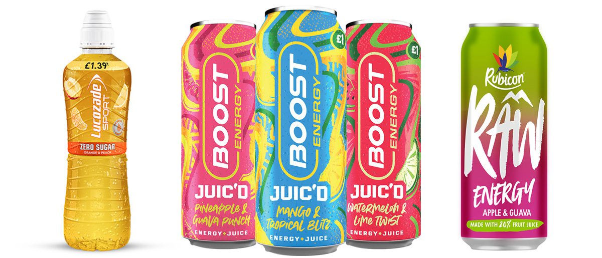 Selection of energy drinks including Lucozade Sport Zero Sugar, Boost Drinks Juic'd range and Rubicon Raw Energy Apple & Guava.