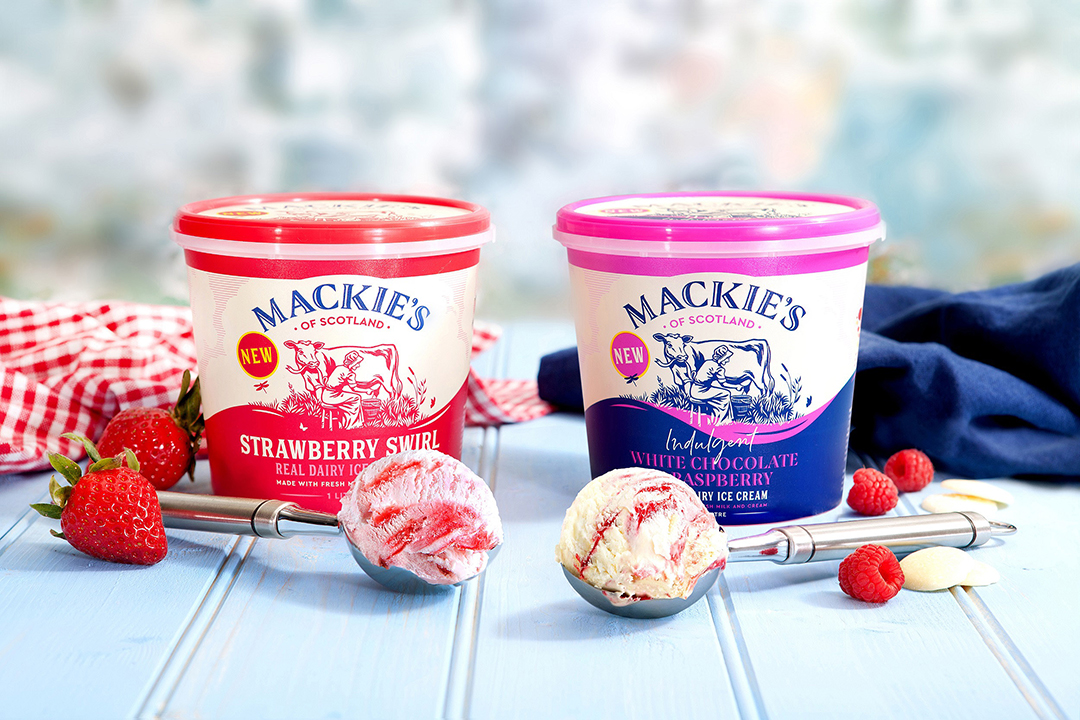 Mackie's of Scotland Strawberry Swirl and White Chocolate & Raspberry ice cream variants