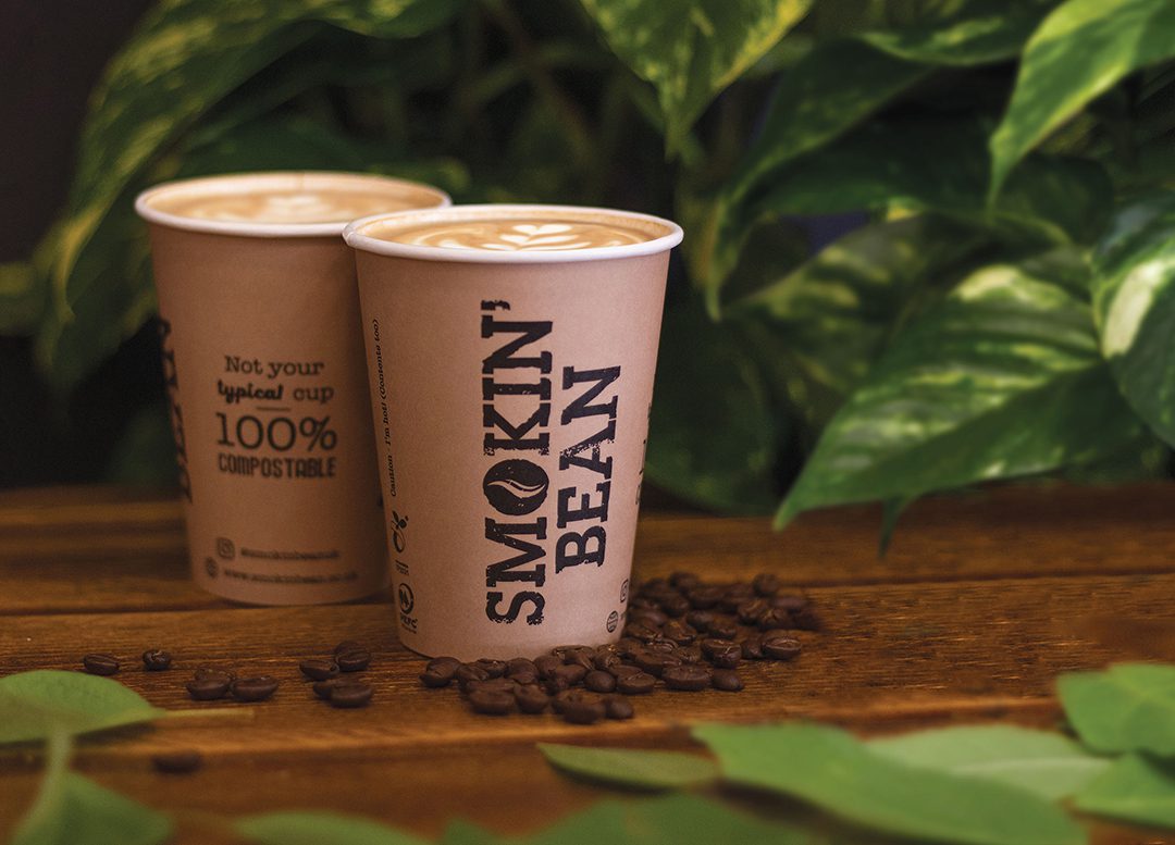 Two cups of Smokin' Bean branded coffee