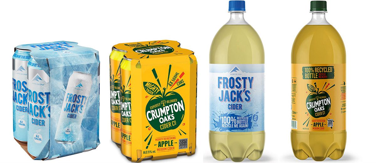 Different format packs of Frosty Jack cider and Crumpton Oaks cider including four packs of cans and larger two litre bottles.