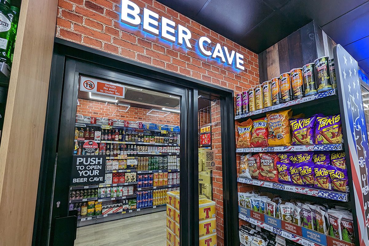 Entrance to the Premier 'Beer Cave' section inside Ali's Convenience Store in Tranent.