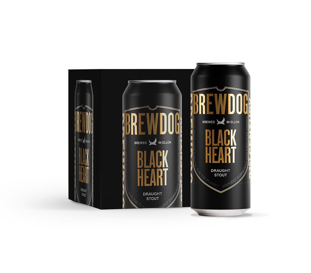 Four pack of BrewDog's new stout variant Black Heart with a can of the beer in front of the four pack.