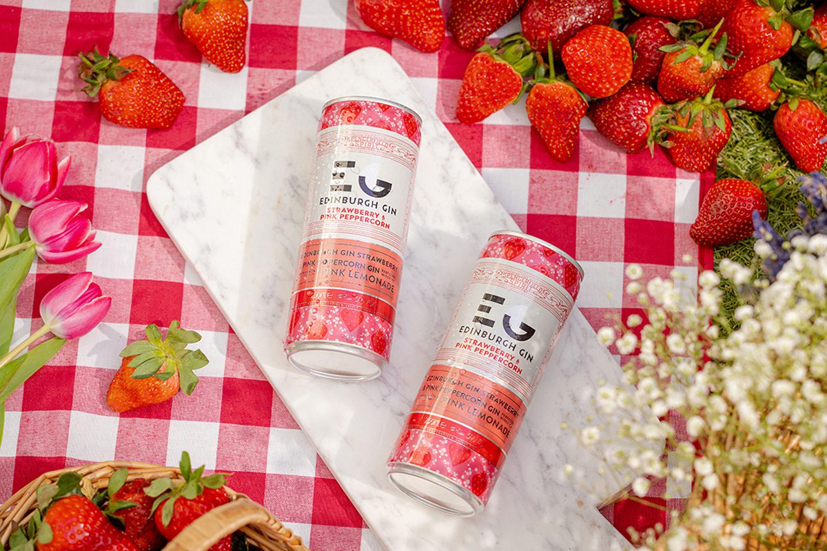 Two cans of Edinburgh Gin Strawberry & Pink Peppercorn RTDs sit on a plate which is on top of a picnic blanket with strawberries and flowers around the cans.