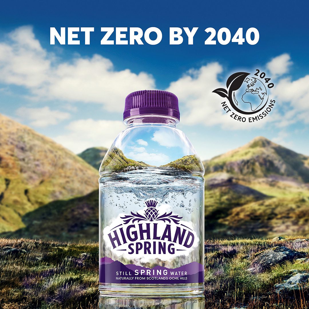 Highland Spring bottle set against a background of hills with a tagline of Net Zero by 2040.